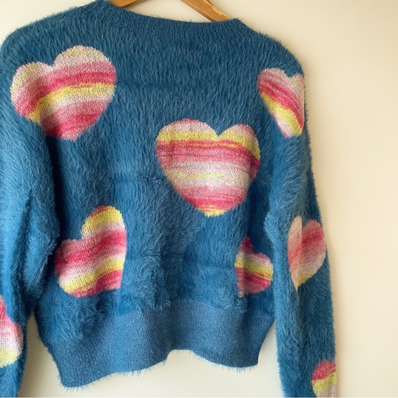 Just In// Fuzzy Heart Rainbow Sweater - Denim Blue - Picture 6 of 12